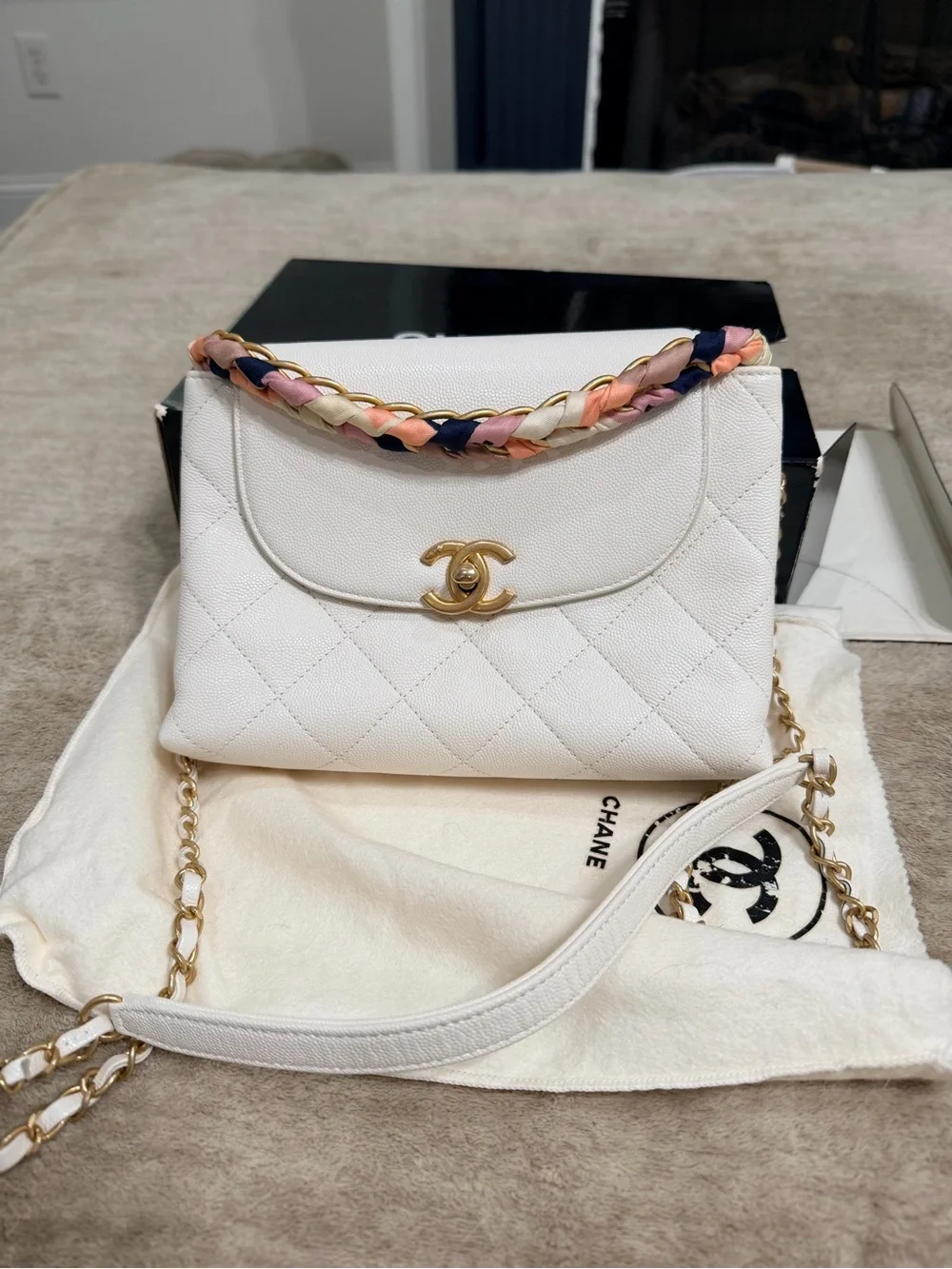 CHANEL White Quilted Leather Shoulder Bag with Multicolor Braided Handle